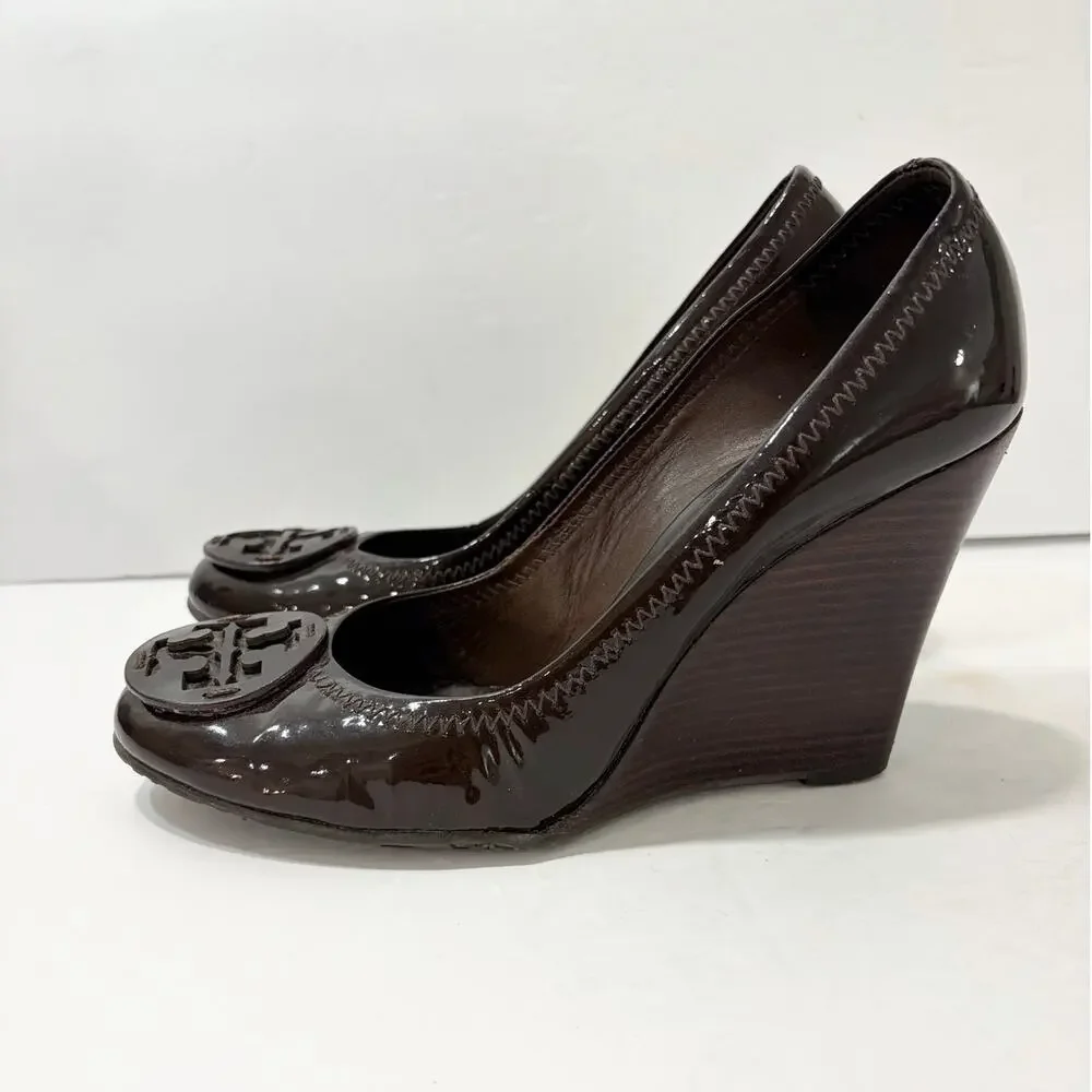 Tory Burch Brown Patent Leather Sally Wedge Pumps